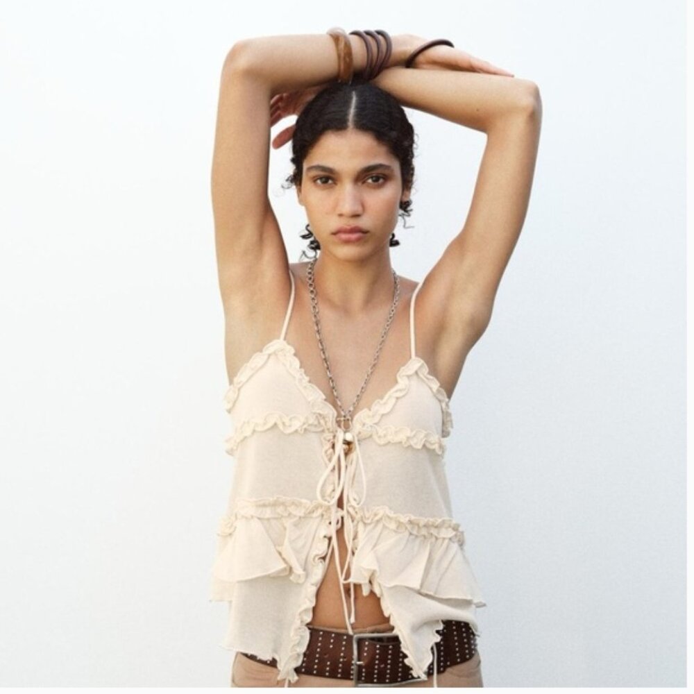 Zara Ruffle Knit Top Size Large - Picture 4 of 7